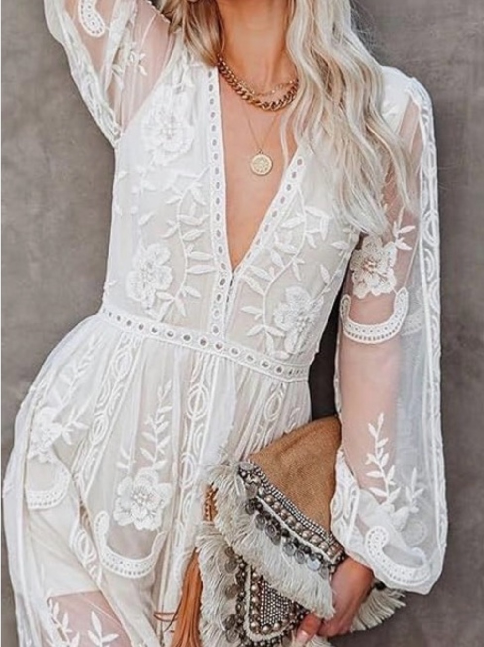 Wishlist Sheer Embroidered Maxi Dress Small Boho Creme - Picture 14 of 16
